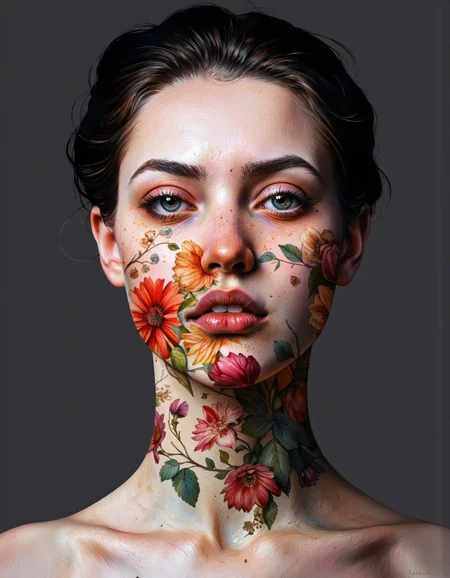 By Laura H. Rubin. A highly detailed digital painting depicting a close-up portrait of a woman. The subject has fair skin with a natural, lightly freckled complexion. Her eyes are a striking light blue, framed by thick, dark eyebrows. Her lips are full and painted with a bright red lipstick. The woman's hair is dark brown, styled in loose, slightly tousled waves.
The most striking aspect of the image is the use of floral elements as a mask, covering her face and neck. The flowers are rendered in vivid, realistic detail, with petals in shades of red, orange, and pink, and leaves in various greens. The flowers appear to be partially transparent, allowing a glimpse of the woman's skin and hair underneath.
The background is a solid dark gray, which contrasts sharply with the bright colors of the flowers, making them stand out. The lighting in the picture is soft and even, casting a gentle glow on the subject's face and the flowers, highlighting their texture and depth. The overall style of the painting is realistic with a touch of hyperrealism, focusing on minute details and textures, making it appear almost three-dimensional. <lora:Laura_H._Rubin:0.8>