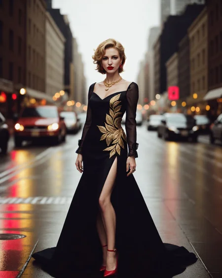 (style of [mario testino|annie leibovitz]:1.4), XD-Scene  Style-DoF, (style of Peter Lindbergh), woman, upper body, face, dressed in a couture gown, deep red, intricate lace, luxurious fabric, gold embroidery, baroque-inspired patterns, the gown hugs her silhouette, dramatic, elegant, regal, model's expression confident, intense gaze, hair styled in a tousled updo, bold red lipstick, flawless makeup, golden jewelry, necklace, earrings, exuding sophistication, poised, powerful, New York City, street scene, evening, blurred background, vibrant city lights, bustling atmosphere, the contrast between high fashion and the urban setting, neon signs, wet pavement reflecting lights, creating a cinematic effect, slight bokeh, capturing the energy of the city, blending luxury with street style, visual storytelling, modern couture, timeless elegance, the model stands out amidst the urban chaos, commanding attention, a perfect blend of glamour and grit, high-end fashion editorial, capturing the essence of New York's vibrant nightlife, bold, alluring, captivating <lora:kodak_ektar:0.8>