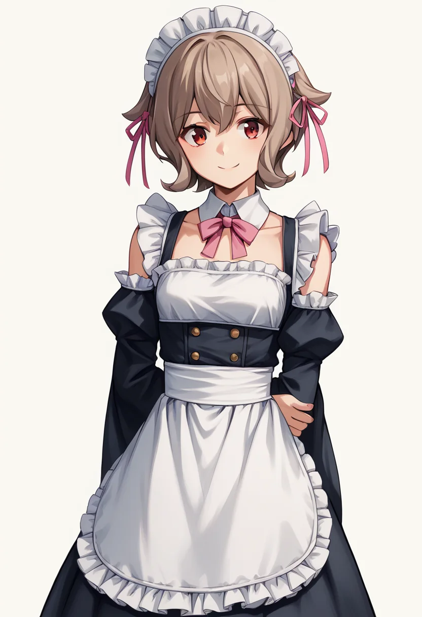 1girl, solo, AtraM1xt, short hair, brown hair, red eyes, maid, maid headdress, hair ribbon, pink ribbon, detached collar, detached sleeves, wide sleeves, waist apron, white apron, frills, looking at viewer, smile, arms behind back, standing, white background, score_9, score_8_up, score_7_up, source_anime, <lora:Atra Mixta - Gundam IBO-000008:1>