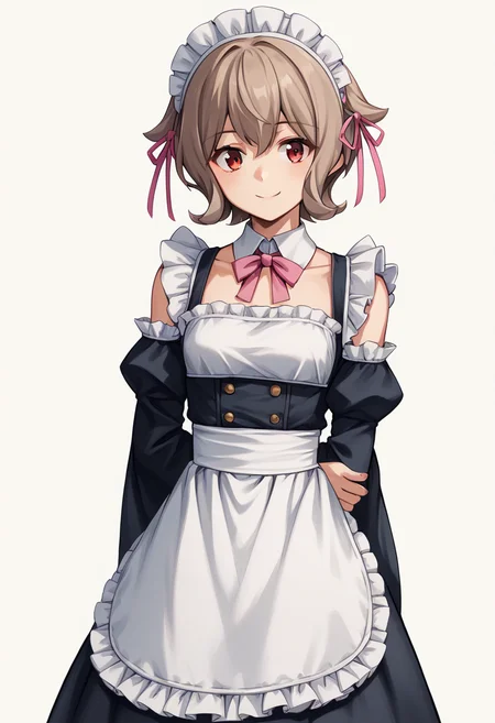 1girl, solo, AtraM1xt, short hair, brown hair, red eyes, maid, maid headdress, hair ribbon, pink ribbon, detached collar, detached sleeves, wide sleeves, waist apron, white apron, frills, looking at viewer, smile, arms behind back, standing, white background, score_9, score_8_up, score_7_up, source_anime, <lora:Atra Mixta - Gundam IBO-000008:1>