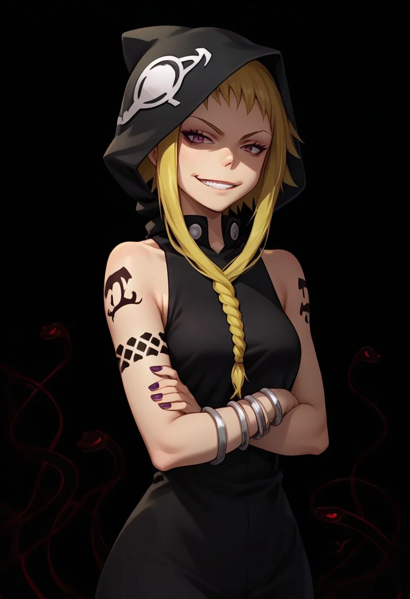 score_9, score_8_up, score_7_up, source_anime, highly detailed,
medusa, 1girl, solo, hood, braid, crossed arms, jewelry, bracelet, smile, blonde hair, tattoo, sleeveless, shaded face, bare shoulders, long hair, grin, smirk, single braid, short hair with long locks, nail polish
black background, snakes, evil aura,