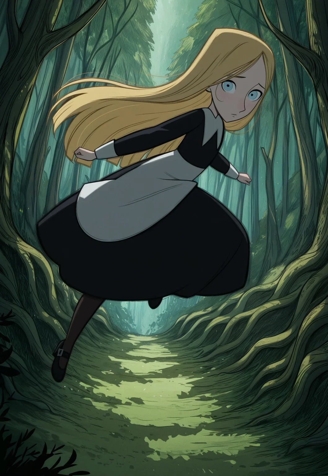 handsfree, masterpiece, best quality, amazing quality, very aesthetic, 1girl, solo, outdoors, forest, full body, looking at viewer, dynamic pose, dynamic angle,
robyn_maid_longhair, blonde hair, long hair, blue eyes, long sleeves, black dress, apron