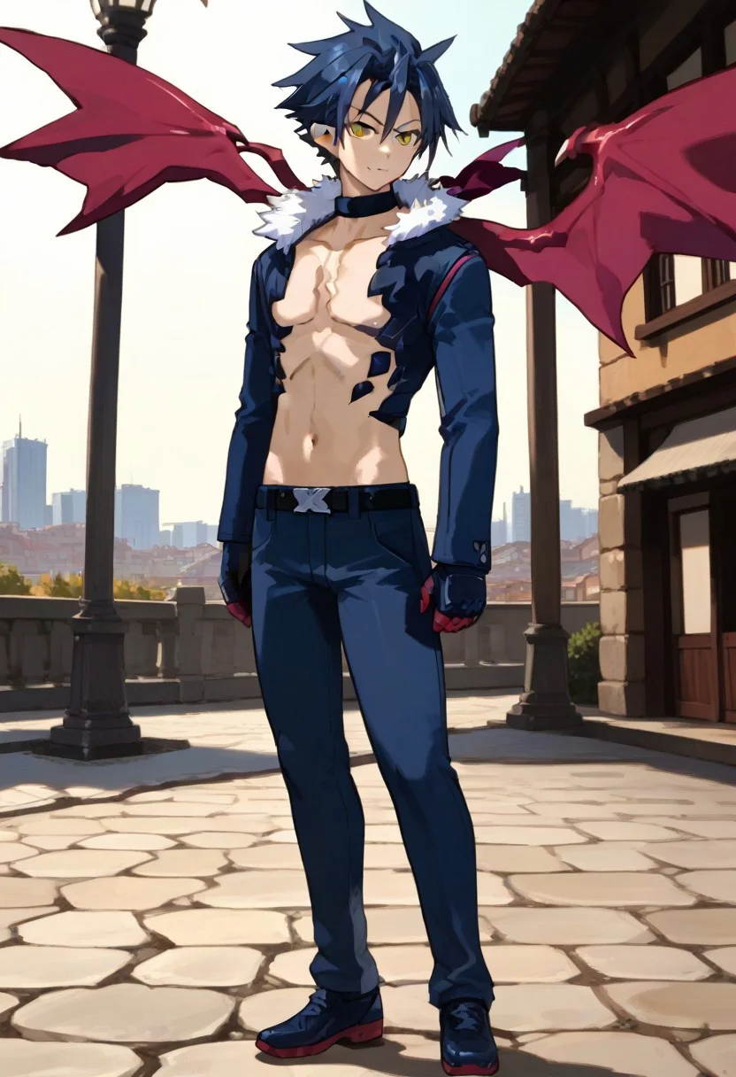 ((masterpiece)), ((best quality)), ((ultra-detailed)), ((absurdres)), score_9_up, score_8_up, score_7_up,
HD, top quality, best quality, amazing quality, High-quality illustrations, anime screencap, source_anime, best aesthetic, perfect proportions, perfect eyes, 1boy, 1male, solo boy, solo male, male focus, solo male focus, Anime, boy, male anime character, anime boy, handsome, attractive, cute, charming, sexy, hot, ((tall, tall height, tall body)), ((slim body, slim body)), Killia, dark blue hair, golden eyes, black eye marks under eyes, pointed ears, long sleeve blue jacket, white puffed collar, neck choker, red-pink accents, blue and red-pink wings, black gloves, red-pink claws, dark marks on chest and upper abdomen, belt, dark blue pants, dark blue shoes, full body shot, head to feet shot, front shot, view from front, front view