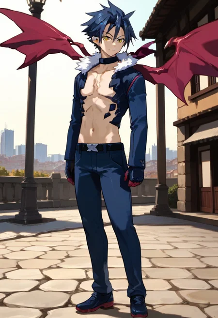 ((masterpiece)), ((best quality)), ((ultra-detailed)), ((absurdres)), score_9_up, score_8_up, score_7_up,
HD, top quality, best quality, amazing quality, High-quality illustrations, anime screencap, source_anime, best aesthetic, perfect proportions, perfect eyes, 1boy, 1male, solo boy, solo male, male focus, solo male focus, Anime, boy, male anime character, anime boy, handsome, attractive, cute, charming, sexy, hot, ((tall, tall height, tall body)), ((slim body, slim body)), Killia, dark blue hair, golden eyes, black eye marks under eyes, pointed ears, long sleeve blue jacket, white puffed collar, neck choker, red-pink accents, blue and red-pink wings, black gloves, red-pink claws, dark marks on chest and upper abdomen, belt, dark blue pants, dark blue shoes, full body shot, head to feet shot, front shot, view from front, front view