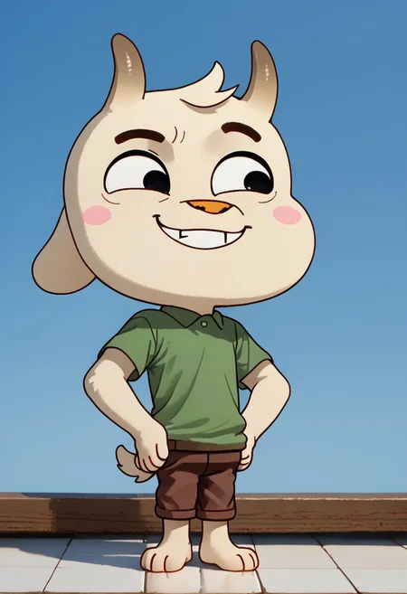 score_9, score_8_up, score_7_up,1boy, solo, cute boy, 1boy, solo, Chichi, goat, pale cream-colored goat, two horns, dark brown horns, fluffy tail, tuft of hair , pink cheeks, orange nose, Barefoot, hands on hips, smug smile, PONYXL_AlexRoss_ComicArt_ownwaifu