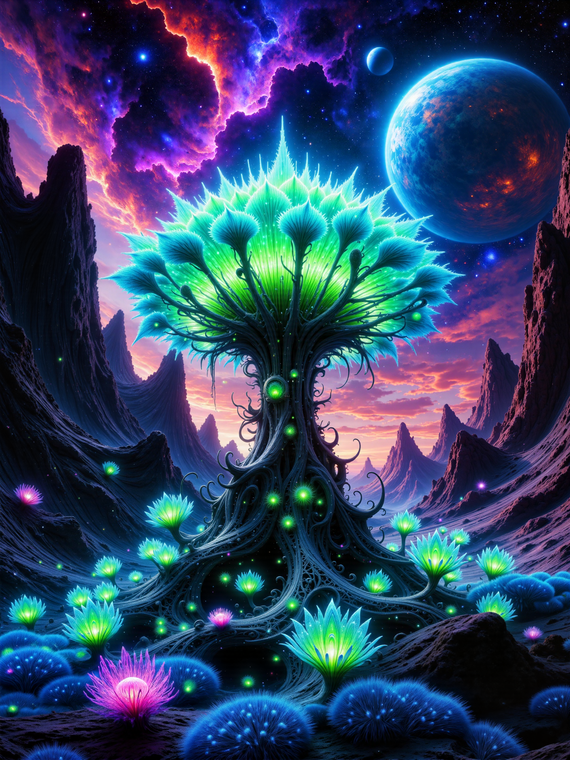 ultra-high-resolution, 8k, 4k, professional nature photography, national geographic style, nat geo, fractal geometry, shot in ultra-high-resolution digital photography style, professional national geographic style, a wondrous alien plant dominates the scene, a surreal alien lifeform, its intricate fractal structures spiral outward in delicate, mesmerizing patterns, translucent leaves shimmer with iridescent hues, bioluminescent tendrils glow with faint electric light, creating an ethereal glow against the darkness, the plant's trunk and stems exhibit strange, crystalline textures and coiling organic forms, the background shows an otherworldly alien landscape at night, the ground is covered in blue and green and purple iridescent herbs, lush blue grass and bizarre alien wildflowers, towering black rock formations loom in the distance, their jagged silhouettes illuminated faintly by the light of the colorful cosmic energies above, an immense galactic nebula stretches across the sky in vivid colors of violet, teal, and deep crimson, casting a diffuse, dreamlike radiance over the landscape, a colossal blue-green planet hangs low on the horizon, accompanied by a smaller alien moon, a shallow depth of field focuses sharply on the alien plant in the foreground, with the distant landscape and sky rendered slightly softer to enhance the depth and realism, the framing is naturalistic and respectful, as if captured by an expert wildlife photographer, conveying awe and scientific curiosity without artificial dramatization, lighting is natural and subtle, capturing the faint luminosity of the plant combined with the diffuse glow of the nebula and reflected light from the planetary bodies, the overall illumination is low but richly detailed, with careful highlights that reveal the surface textures of the alien plant and the surrounding terrain, perfect color calibration, realistic lens flares from the brighter nebula regions, slight atmospheric haze to simulate alien air composition, wide-angle lens with slight bokeh effect on the background to emphasize the grandeur and exotic beauty of the subject, ovg, alienplants, artilands02, <lora:alien_plants-flux-by_chronoknight:0.64> <lora:style-fantastic_landscapes-v2-flux-by_artifyai:0.64> <lora:image_enhancer-flux-by_dever:0.8>
