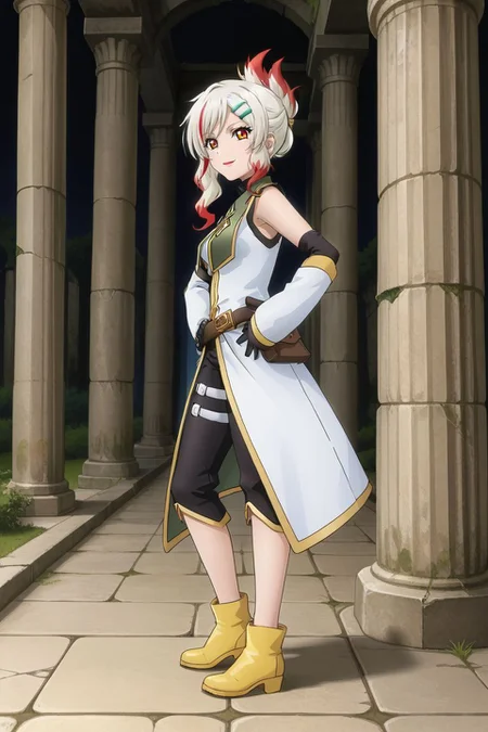 <lora:add-detail-xl:1>source anime, detailed, official art, masterpiece,
<lora:HandFineTuning_XL:1>
BREAK,
ruins, forest,
leaning on the wall, hands crossed, light smile, from side, looking at viewer,
BREAK,
togfourier, yellow footwear, brown eyes, elbow gloves, gradient hair, hair ornament, hairclip, lipstick, multicolored hair, white hair, red highlights,
coat, sleeveless, black turtleneck, thigh pouch, belt, black short pants, black detached sleeves, yellow footwear, <lora:fourier_pdxl_v01:0.7>