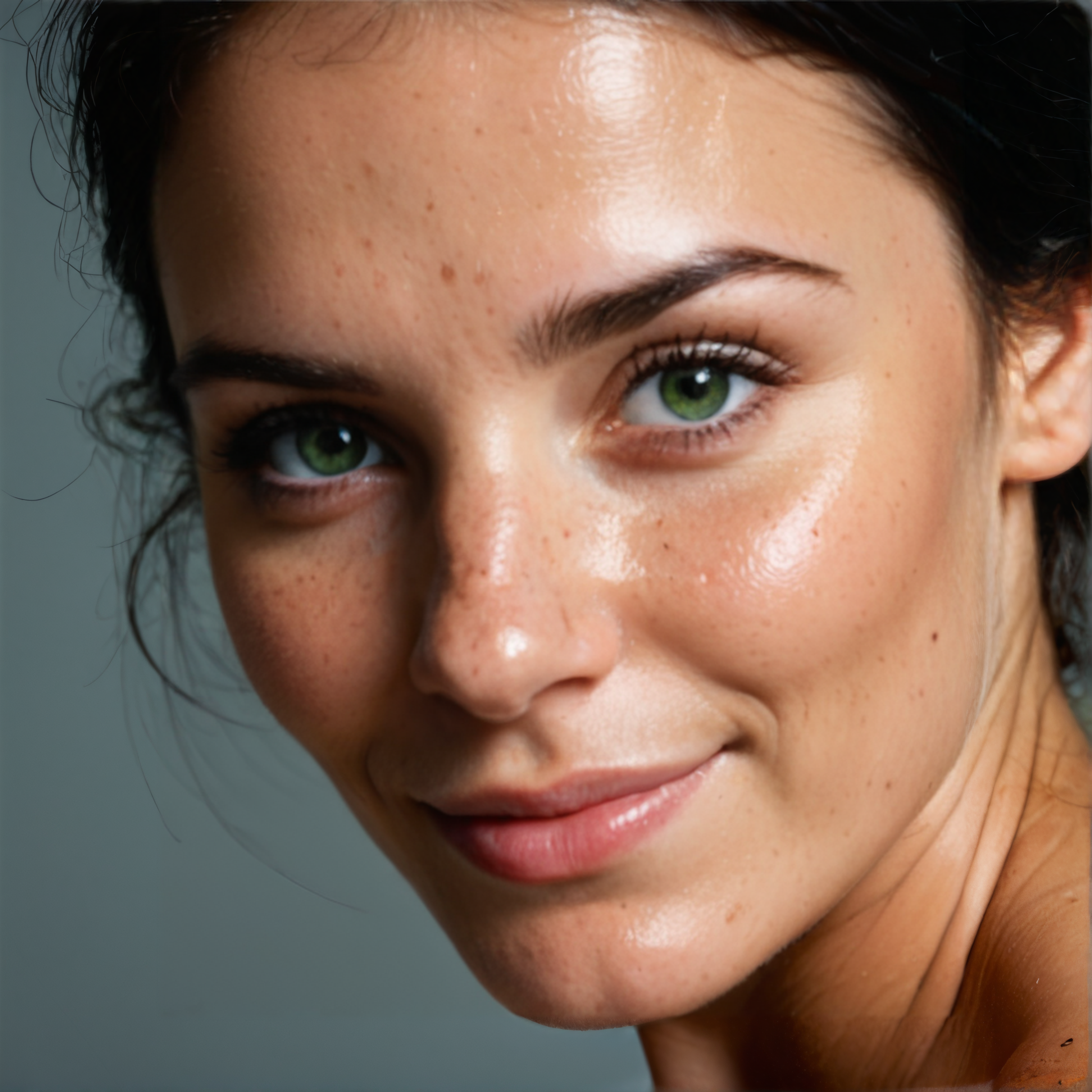 Stable_Yogis_PDXL_Positives
 <lora:Super_Skin_Detailer_By_Stable_Yogi_SD0_V1:0.5>natural skin texture, fine pores, realistic skin, intricate skin details,  skin dentation, detailed eyes,detailed hair, 
 <lora:Super_Eye_Detailer_By_Stable_Yogi_SDPD0:0.5> photorealistic eye, Ultra detailed, photorealistic portrait of a middle-aged woman, black hair, deep green eyes, soft smile, freckles, visible pores, sharp image, perfect anatomy, and dramatic lighting.