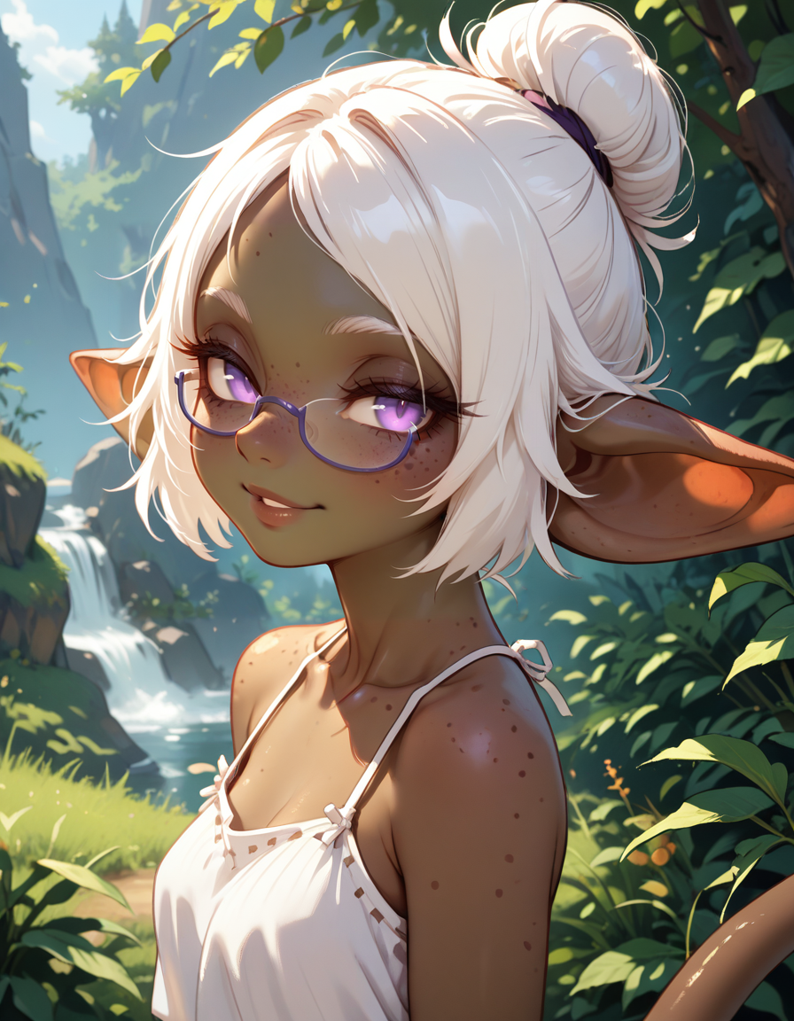 masterpiece, best quality, very aesthetic, absurdres,
outdoors, 
upper body,
seductive smile, parted lips, long eyelashes,
 <lora:Gobi_v01_NAIXL:1>
G0b1,1girl,solo,goblin girl,dark-skinned female,pointy ears,short hair,white hair,single hair bun,purple eyes,semi-rimless eyewear,freckles,colored skin,tail,
