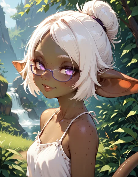masterpiece, best quality, very aesthetic, absurdres,
outdoors,
upper body,
seductive smile, parted lips, long eyelashes,
<lora:Gobi_v01_NAIXL:1>
G0b1,1girl,solo,goblin girl,dark-skinned female,pointy ears,short hair,white hair,single hair bun,purple eyes,semi-rimless eyewear,freckles,colored skin,tail,