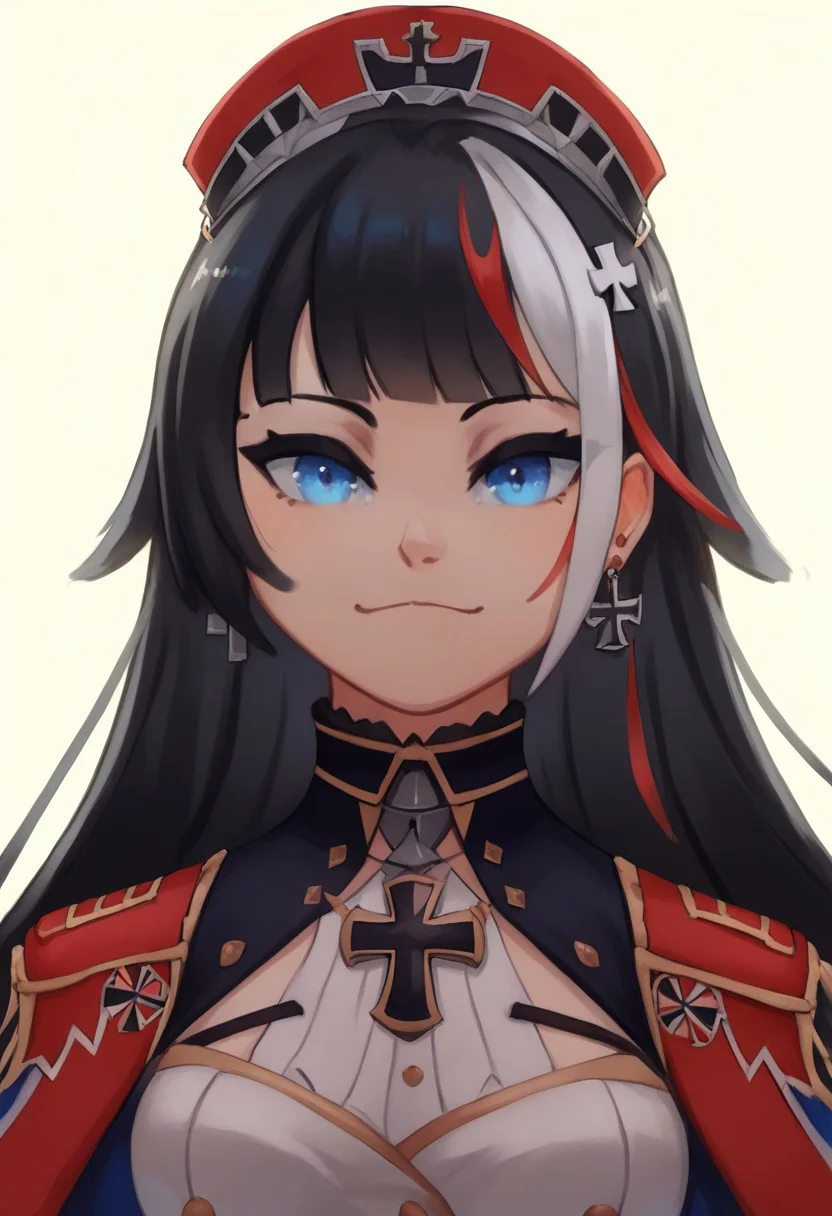score_9, score_8_up, best quality, seraziel, Black Hair, Long hair, Streaked Hair, Multicolored Hair, Blue Eyes, 1girl, very aesthetic, masterpiece, 8k, mood lighting, cinematic lighting, volumetric lighting, dark eyelashes and eyeliner, perfect eyes, deutschland (azur lane), royal, gold trim, iron cross, earrings, looking at viewer