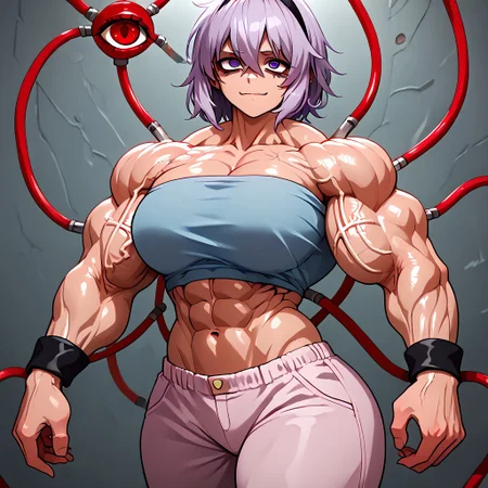 (solo, 1 girl:1.1), abs, navel, muscular female, large muscles, shiny skin, (masterpiece, best quality, score_9, score_8_up, score_8:1.3), (red injection tubes:1.4), red tubes, red cables, (veins:1.1), tubes piercing shoulders, tubes piercing arms, looking at viewer, black hairband, light purple hair, medium hair, hair between eyes, bangs, wolf cut, purple eyes, tareme, (frayed hair, messy hair:0.6), tired, bags under eyes, smile, wide hips, light blue tube top, light pink pants, huge pectorals, large breasts, cowboy shot, black wristbands, clenched fists, tubes piercing chest, satori, (third eye:1.4), veiny chest, veiny shoulders, veiny abs, veiny arms, red noose, tubes peircing wrists, red tentacles
