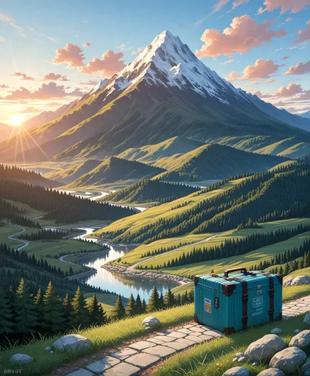 masterpiece, best quality, amazing quality, very aesthetic, perfect eyes, Sinozick_illu, crestyle, Sinozick_illu, gr4ph1t3,
,outdoors, sky, day, cloud, blue_sky, tree, no_humans, sunlight, grass, scenery, nature, motor_vehicle, forest, rock, mountain, road, river, mountainous_horizon, landscape, path, sunrise, rural,A photograph of a mountain peak with a snow-capped peak, set against a backdrop of rolling green hills and a winding river. The sky is a beautiful mix of oranges, pinks, and purples, with a few wispy clouds. In the foreground, a black and blue suitcase with the word "BILLS" written on it sits on a stone path. The suitcase is the main focus of the image, with the surrounding landscape stretching out behind it. The overall scene is peaceful and serene, capturing a sense of tranquility and tranquility.
