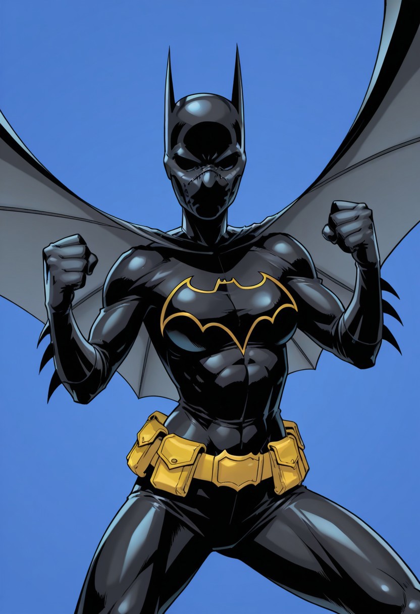 Blue background, simple background, solid color background, 2d, 1girl, solo, 
DC Comics, Batgirl, BlackBat, toned female, black mask, black sclera, no pupils, covered face, black bodysuit, black cape, utility belt, yellow belt, insignia, bat symbol, 
Upper body, front view, action pose, floating cape, fighting stance, hands up,