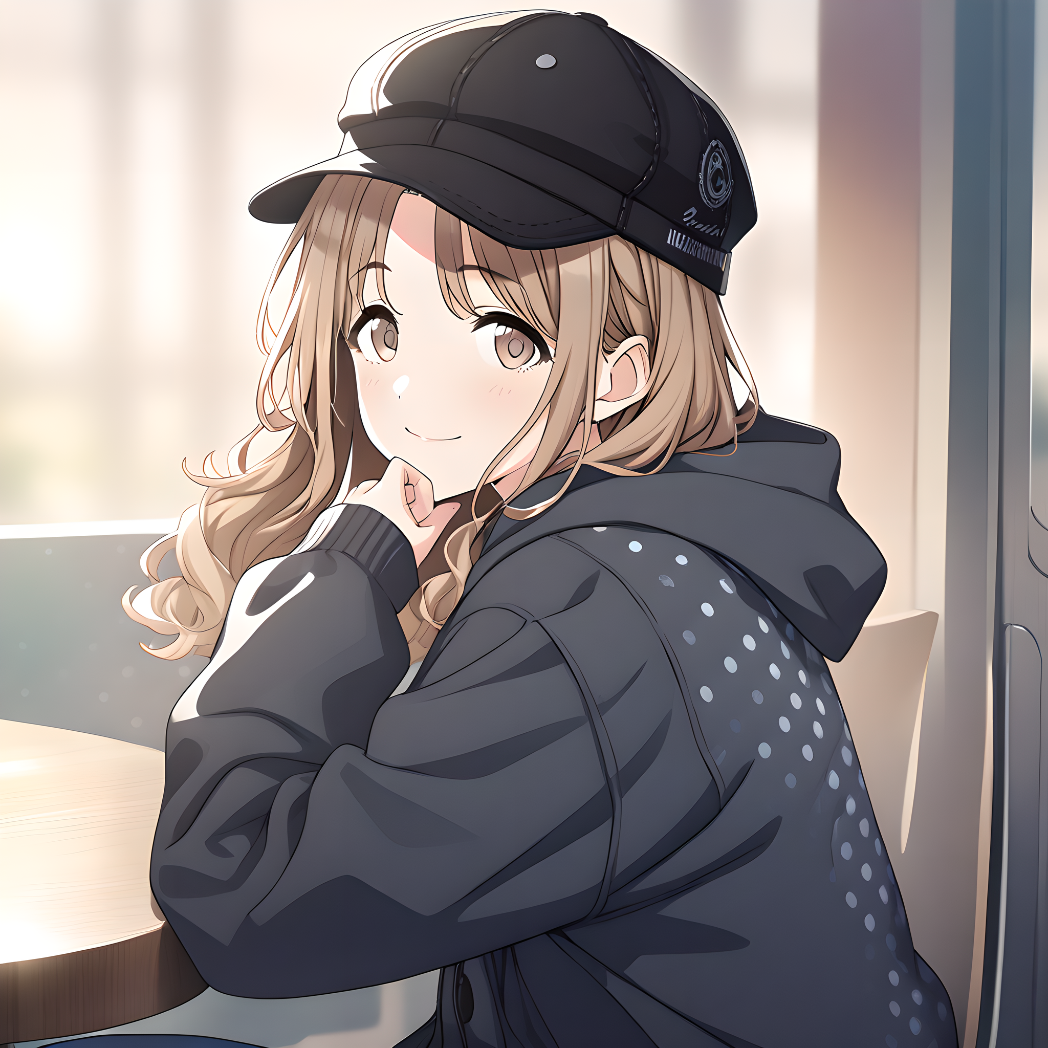 (masterpiece),(best quality),(ultra-detailed),(best illustration),(best shadow),(absurdres),(detailed background),(very aesthetic),
ichikawa_hinana, 1girl, solo, hood, looking at viewer, hat, brown hair, skirt, hoodie, brown eyes, smile, black headwear, sitting, black hoodie, long hair, hood down, jacket, polka dot, wavy hair, bangs, long sleeves, polka dot background, blurry background, from side, casualoutfit
<lora:Ichikawa_Hinana:1>