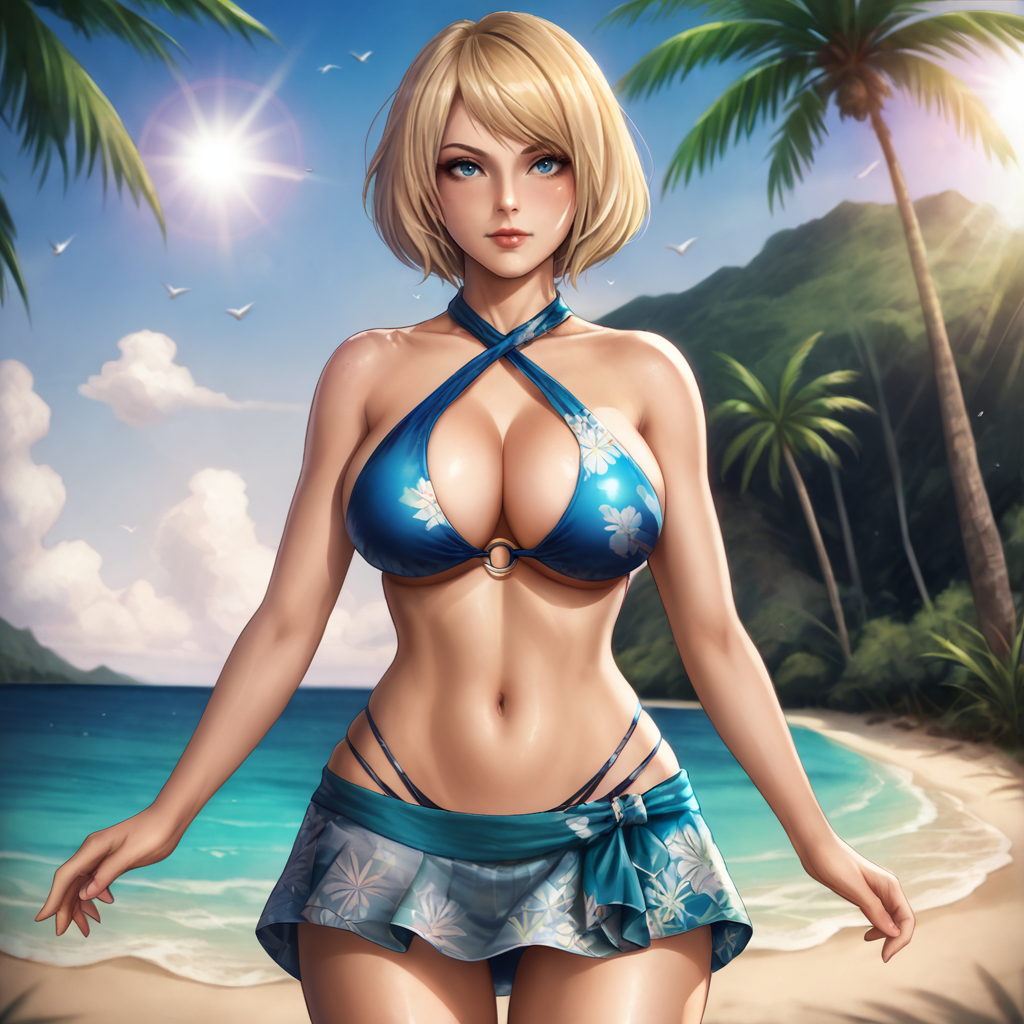 <lora:ashleyre4remake_pony_v1:.8>  Ashley, 1girl, short hair, blonde hair, blue eyes, lips, bob cut,  cowboy shot, cowboy shot,, wearing a bikini, wearing a floral pattern skirt, at a tropical beach, (sunlight), palm trees, flying birds, radiant light, ray tracing, optical flare, sunglare, perfect face, perfect eyes, sharp focus, big breasts