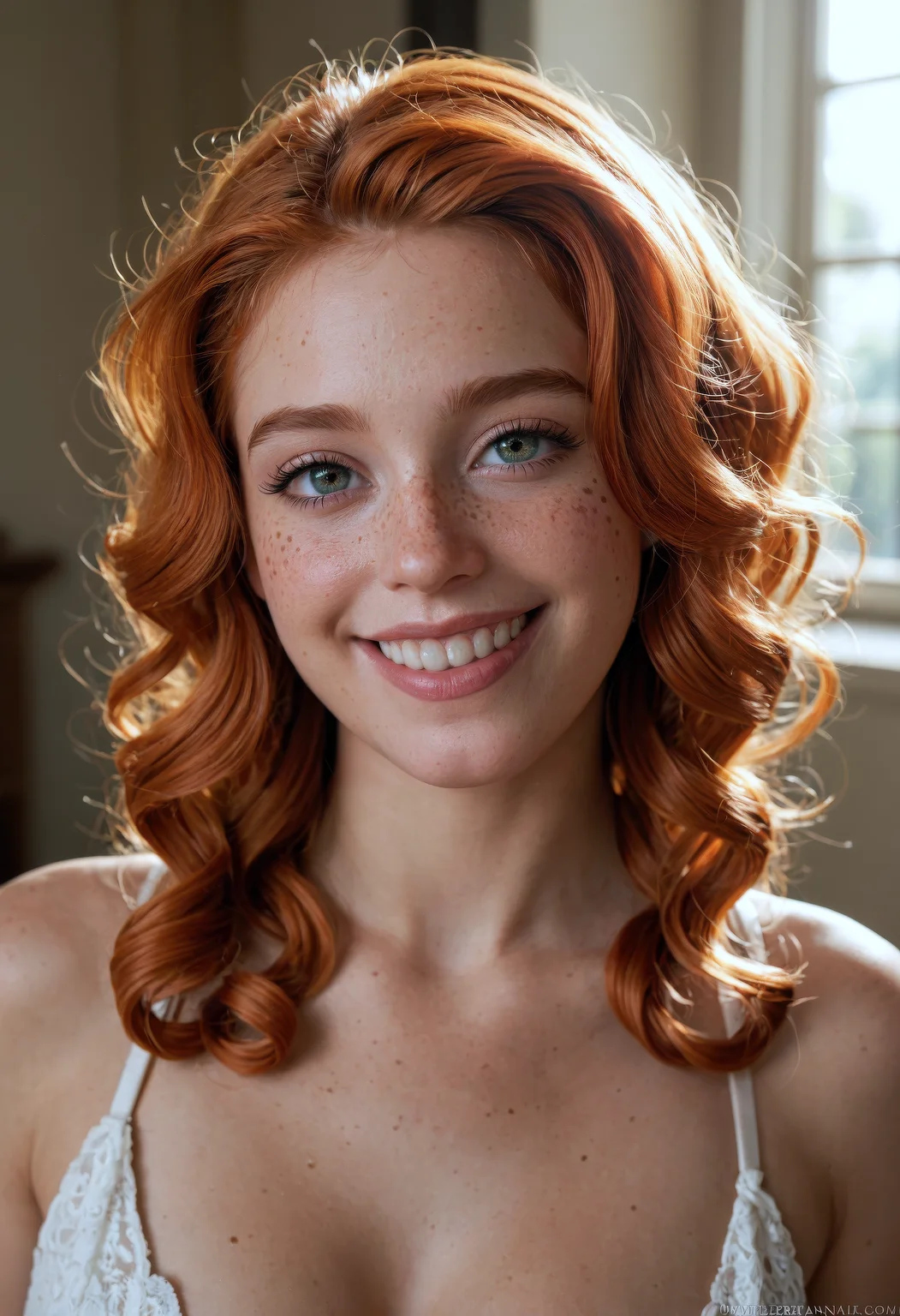 score_9, score_8_up, score_7_up, (masterpiece, best quality, ultra-detailed, realistic), Beautiful girl with curls and lots of freckles, detailed eyes, ginger hair, smiling with joy, dramatic light highlighting her joyful expression, Rembrandt lighting scheme