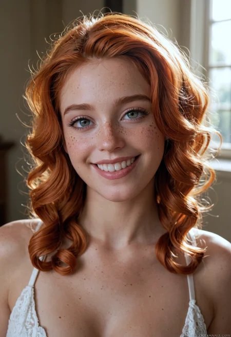 score_9, score_8_up, score_7_up, (masterpiece, best quality, ultra-detailed, realistic), Beautiful girl with curls and lots of freckles, detailed eyes, ginger hair, smiling with joy, dramatic light highlighting her joyful expression, Rembrandt lighting scheme