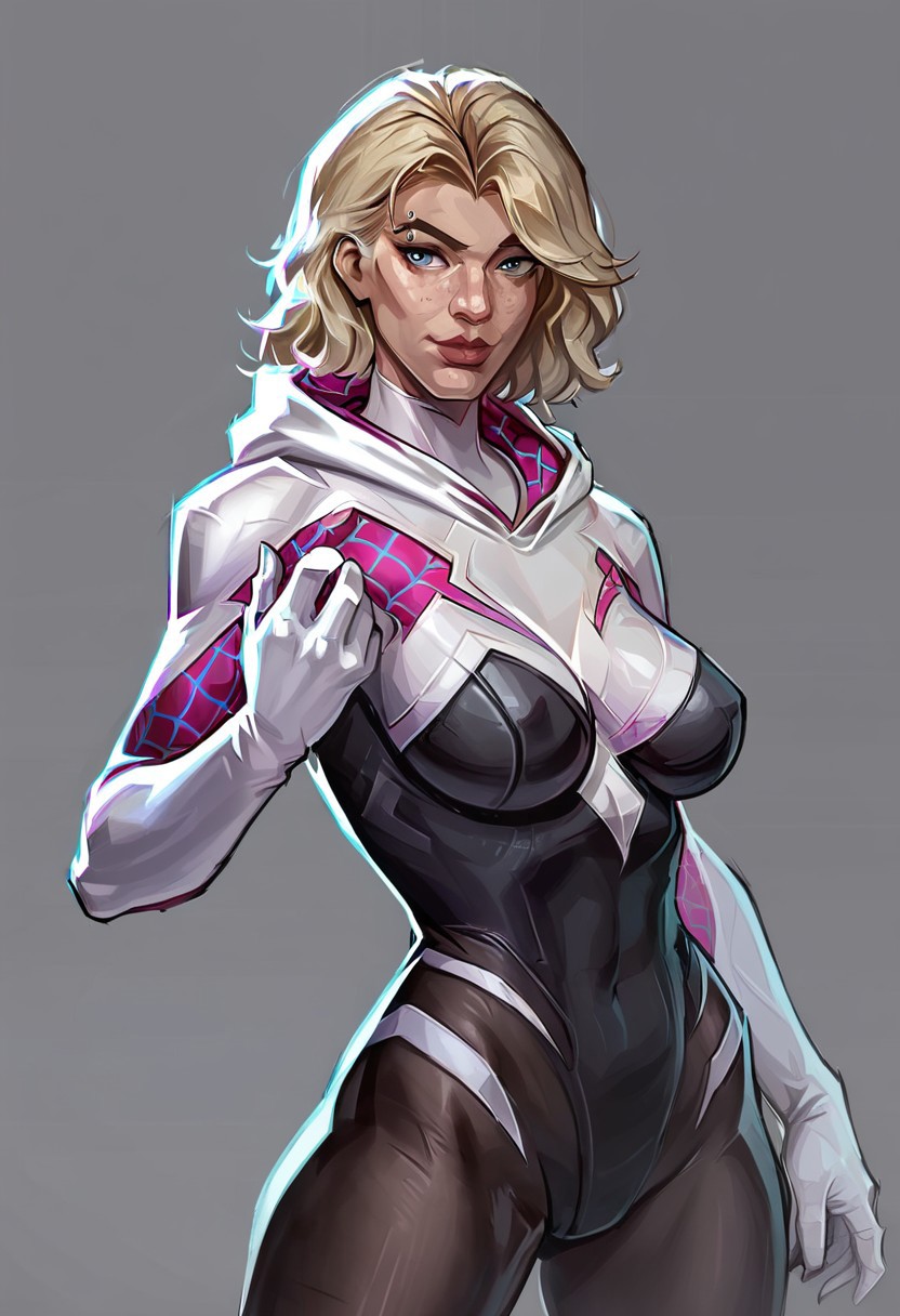 score_9, score_8_up, score_7_up, source_marvel, marvelrivals, Spider Gwen, rivals, cel-shading, MYLF, milf, mature female, large cleavage sagging tear drop shaped breasts, bubble butt, big ass, thick thigh, wide hip, realistic, freckles, large lips, beautiful eyes BREAK A highly detailed character rendering of Spider-Gwen from Marvel, depicted in a dynamic pose with a cel-shading style. The character features bold outlines and distinct, flat color regions with no gradient mesh, maintaining separate color blocks. Spider-Gwen is dressed in her iconic outfit, featuring a white hood with a red web pattern inside, a black and white bodysuit, and white gloves. Her sleeves are white with red web patterns underneath, and the outfit is form-fitting, highlighting her agile and athletic build. The background is minimalistic, emphasizing the character's striking presence.
