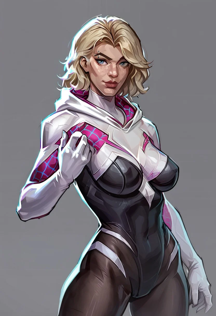 score_9, score_8_up, score_7_up, source_marvel, marvelrivals, Spider Gwen, rivals, cel-shading, MYLF, milf, mature female, large cleavage sagging tear drop shaped breasts, bubble butt, big ass, thick thigh, wide hip, realistic, freckles, large lips, beautiful eyes BREAK A highly detailed character rendering of Spider-Gwen from Marvel, depicted in a dynamic pose with a cel-shading style. The character features bold outlines and distinct, flat color regions with no gradient mesh, maintaining separate color blocks. Spider-Gwen is dressed in her iconic outfit, featuring a white hood with a red web pattern inside, a black and white bodysuit, and white gloves. Her sleeves are white with red web patterns underneath, and the outfit is form-fitting, highlighting her agile and athletic build. The background is minimalistic, emphasizing the character's striking presence.
