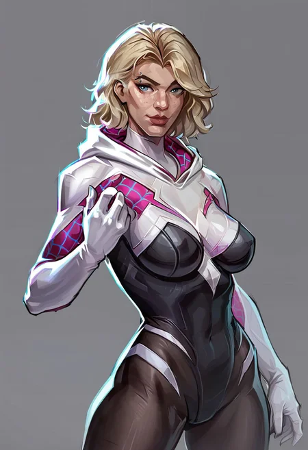 score_9, score_8_up, score_7_up, source_marvel, marvelrivals, Spider Gwen, rivals, cel-shading, MYLF, milf, mature female, large cleavage sagging tear drop shaped breasts, bubble butt, big ass, thick thigh, wide hip, realistic, freckles, large lips, beautiful eyes BREAK A highly detailed character rendering of Spider-Gwen from Marvel, depicted in a dynamic pose with a cel-shading style. The character features bold outlines and distinct, flat color regions with no gradient mesh, maintaining separate color blocks. Spider-Gwen is dressed in her iconic outfit, featuring a white hood with a red web pattern inside, a black and white bodysuit, and white gloves. Her sleeves are white with red web patterns underneath, and the outfit is form-fitting, highlighting her agile and athletic build. The background is minimalistic, emphasizing the character's striking presence.