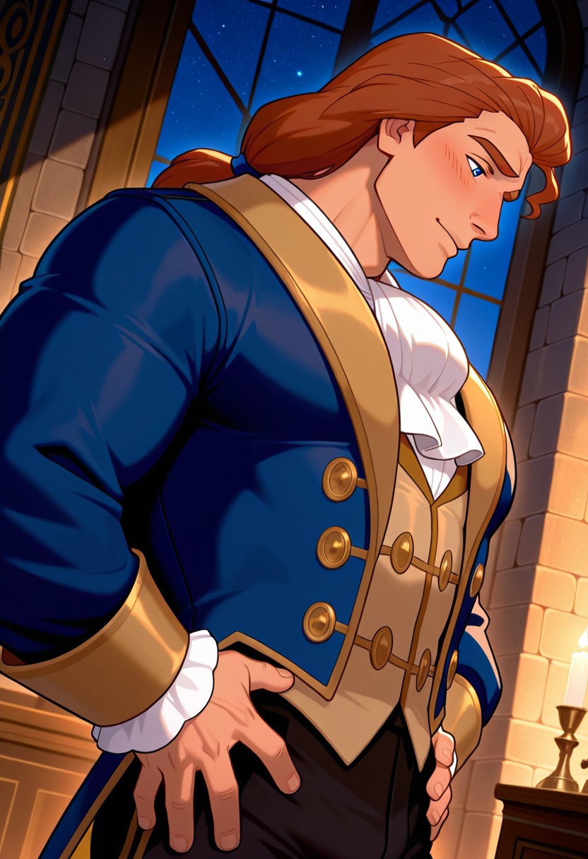 masterpiece,best quality,amazing quality,very aesthetic,absurdres,newest, huge filesize, Prince_Adam_BTB, 1man male focus, solo, auburn hair, lean and muscular, mature, long hair, strong, tall, manly, masculine, classy, soulful eyes,  artistic, sideview, topview,  score_9, score_8_up, score_7_up, Masterpiece, Best Quality, beautiful eyes, detailed eyes, male focus, dynamic angle, dim lighting, blush lines, male focus, solo, face focus, front view, cowboy shot, standing, indoors, medieval castle, ballroom ((male)), ((mature)), ((adult)), handsome, sexy, ((slender)), ((pecs)), ((bara)), ((twunk)), 
Prince_Adam_BTB, 1man, auburn hair, blue eyes, Adam_ball_outfit, ponytail, blue frock coat, yellow lapels, yellow cuffs, beige vest, black trousers, white frill collar, brooch on the collar, brown boots
hands on hips, neutral and regal look, night time, starry night