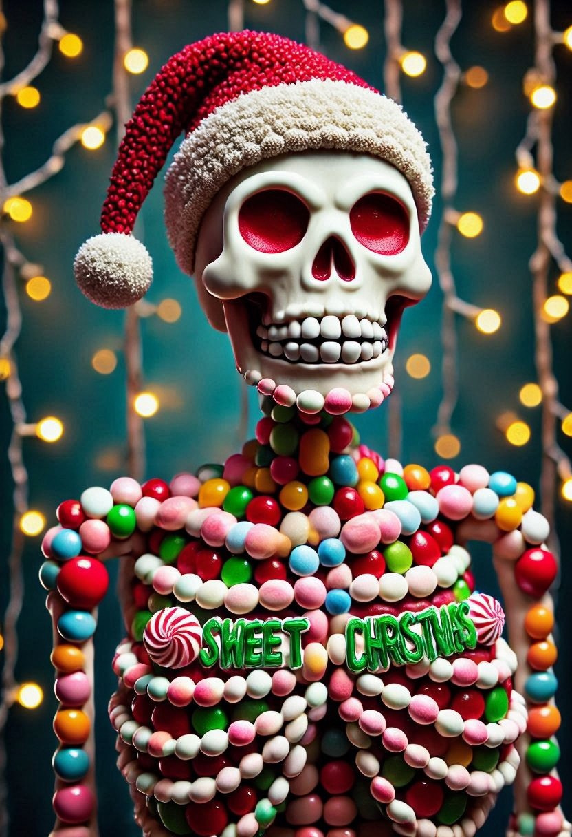 CHRC4ND7,  Skeleton with Santa hat, <lora:mrpcanrnet2:1> style of paint of mrp, mrph of a carnet mrpcanrnet2 with mrpdamier on (mrpvp), covered of mrpv, cyberpunk sign that reads:("SWEET CHRISTMAS")