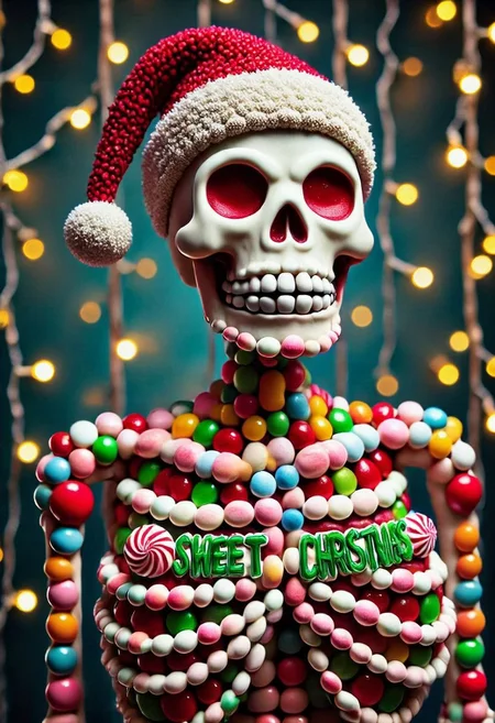 CHRC4ND7,  Skeleton with Santa hat, <lora:mrpcanrnet2:1> style of paint of mrp, mrph of a carnet mrpcanrnet2 with mrpdamier on (mrpvp), covered of mrpv, cyberpunk sign that reads:("SWEET CHRISTMAS")
