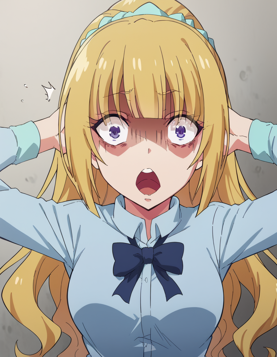 score_9, score_8_up, score_7_up, source_anime, <lora:kei-karuizawa-anime-s2-ponyxl-lora-nochekaiser:1>, kei karuizawa, long hair, bangs, blunt bangs, purple eyes, blonde hair, hair ornament, ponytail, scrunchie, blue scrunchie, medium breasts,, <lora:shocked-black-guy-ponyxl-lora-nochekaiser:1> shocked black guy, open mouth, looking at viewer, hands behind head, shaded face,, , ,