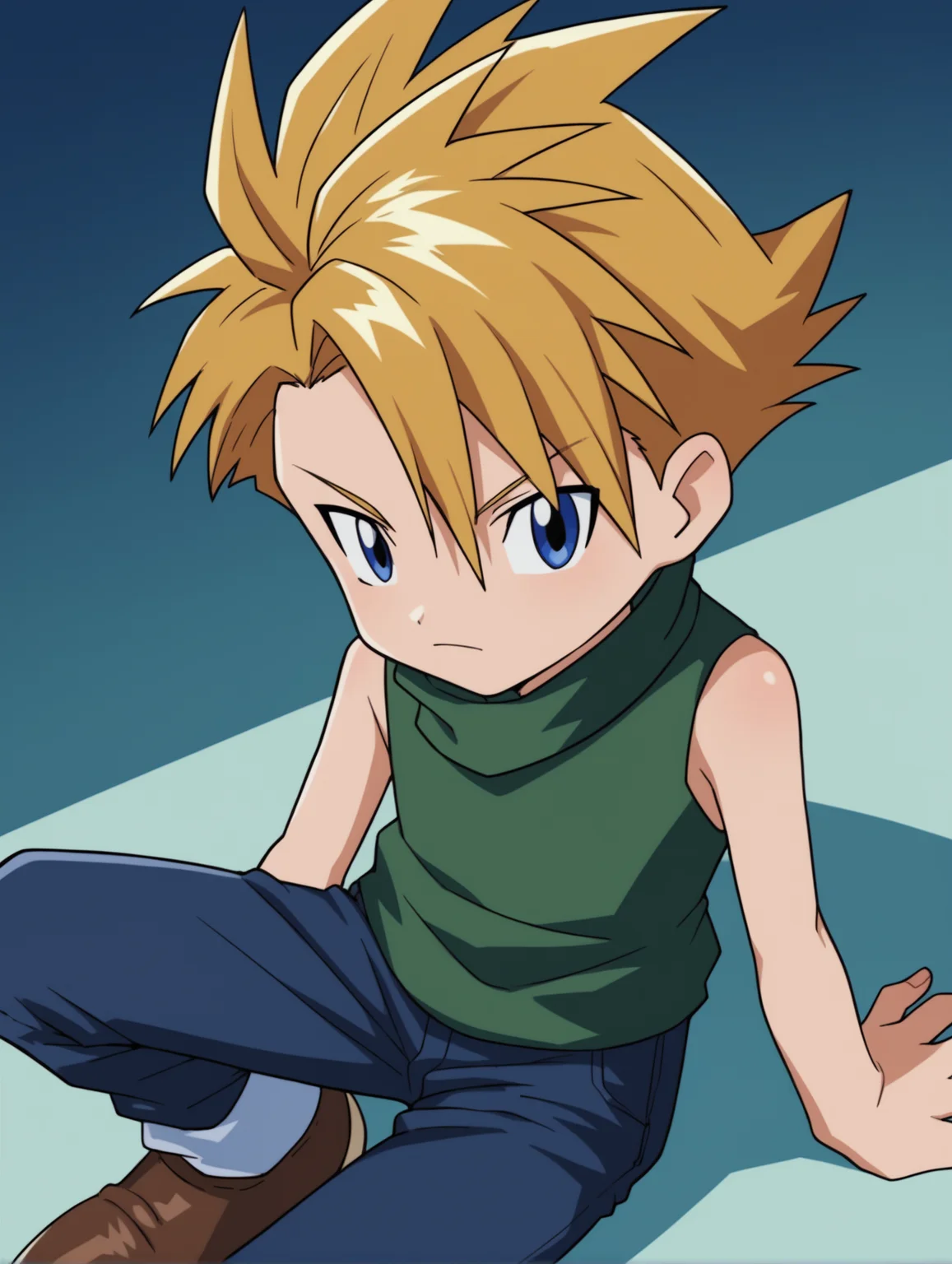 score_9, score_8_up, score_7_up, score_6_up, score_5_up, score_4_up, source_anime, BREAK
looking at viewer, <lora:Digimon:0.8> digimon, 1boy, solo, Yamato, blue eyes, blond hair, spiked hair, green gurtleneck, sleeveless, jeans, brown shoes,