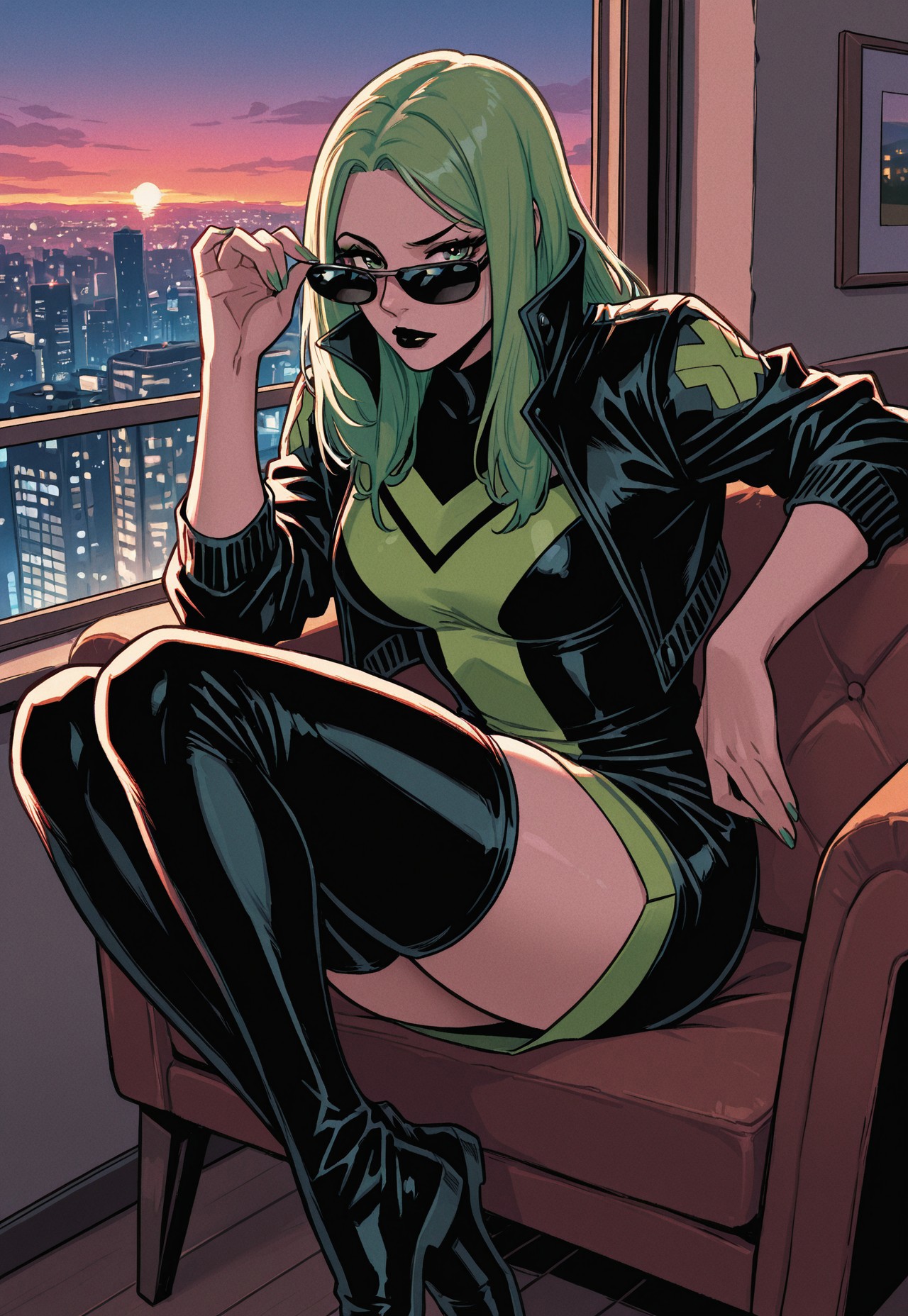 1girl, solo, Polaris, green eyes, dark lipstick, black lips, long hair, green hair, lean body, medium breasts, thick thighs, green nails, makeup
BREAK 
black retro sunglasses, cropped jacket, black leather jacket, popped collar, short dress, PDress1, thigh-highs, thigh boots, Zettai Ryōiki, BREAK,
casual relaxed pose, sitting on arm chair, legs up on chair arm, crossed ankles, (weird strange sitting pose, sideways sitting pose), (pulling sunglasses down, looking over sunglasses, city lights reflecting on sunglasses:1.4), looking directly at viewer, one eyebrow raised, 
BREAK
indoors, penthouse, apartment room, living room, stylish modern decor, at dusk, sunset, dark, large windows, city skyline, detailed background, 
BREAK
(fine texture, masterpiece, ultra-detailed, very awa, best quality, very aesthetic, absurdres, newest, volumetric lighting, scenery, extremely high-resolution, vibrant, colorful, rating_explicit, source_comic), 
BREAK