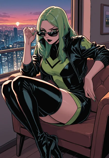 1girl, solo, Polaris, green eyes, dark lipstick, black lips, long hair, green hair, lean body, medium breasts, thick thighs, green nails, makeup
BREAK
black retro sunglasses, cropped jacket, black leather jacket, popped collar, short dress, PDress1, thigh-highs, thigh boots, Zettai Ryōiki, BREAK,
casual relaxed pose, sitting on arm chair, legs up on chair arm, crossed ankles, (weird strange sitting pose, sideways sitting pose), (pulling sunglasses down, looking over sunglasses, city lights reflecting on sunglasses:1.4), looking directly at viewer, one eyebrow raised,
BREAK
indoors, penthouse, apartment room, living room, stylish modern decor, at dusk, sunset, dark, large windows, city skyline, detailed background,
BREAK
(fine texture, masterpiece, ultra-detailed, very awa, best quality, very aesthetic, absurdres, newest, volumetric lighting, scenery, extremely high-resolution, vibrant, colorful, rating_explicit, source_comic),
BREAK
