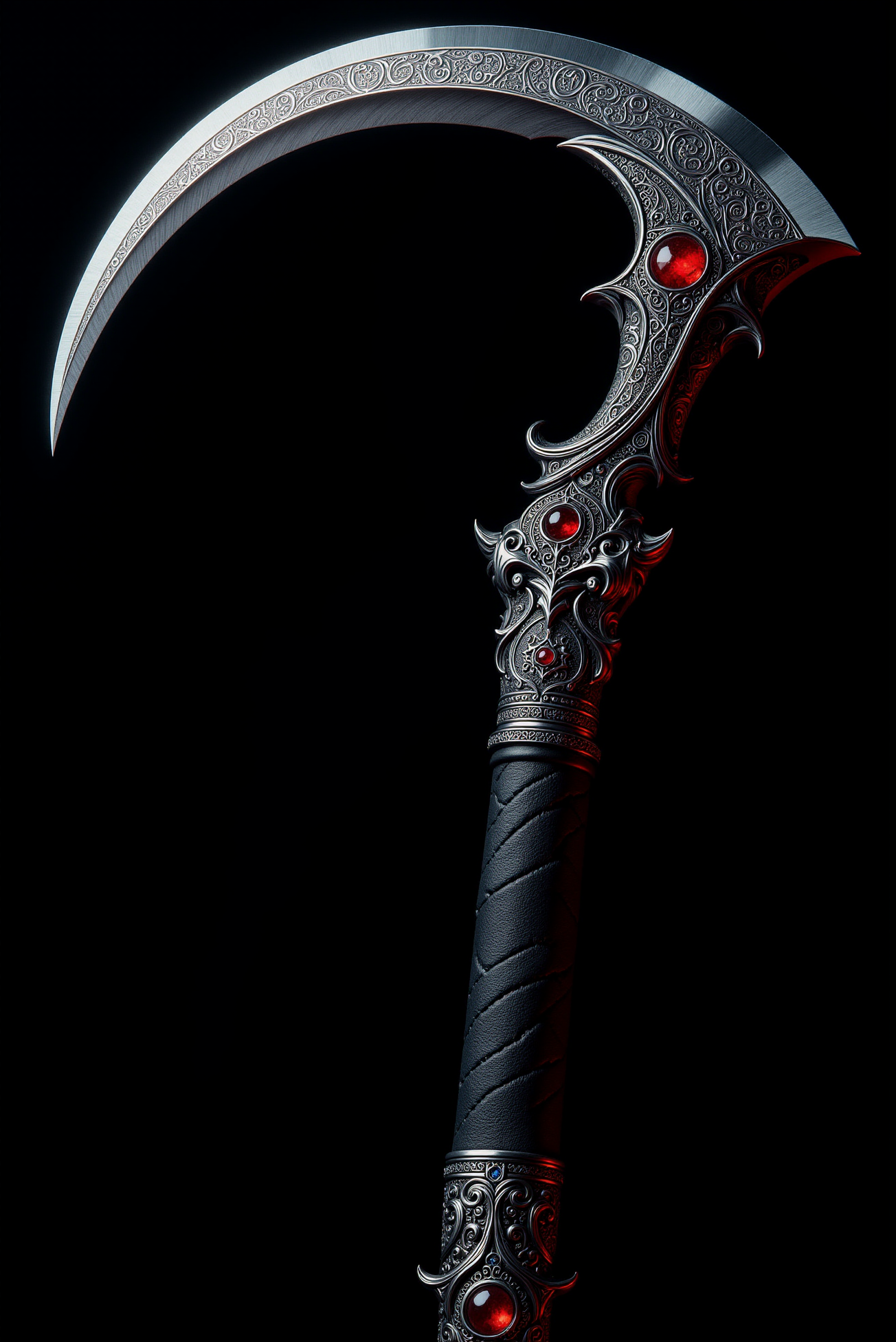 <lora:Cold_Weapon:0.7> ColdWeapons style. This image showcases  a (macro shot) of an exquisitely designed deadly scythe, a true masterpiece of craftsmanship blending intricate artistry with formidable lethality. The sharp blade, forged from polished steel with a mirror-like reflective finish, is adorned with an elaborate arcane engravings. The hilt and guard are ornately sculpted, featuring elaborate filigree and gothic motifs in polished black steel, accentuated by deep carvings and swirling patterns reminiscent of ancient mystical runes. The crossguard extends into sharply curved talons, echoing the wave form, creating an imposing silhouette that speaks of both elegance and destruction. Subtle gemstones are embedded within the hilt, shimmering with an inner light that suggests latent magical energy coursing through the weapon. The handle, wrapped in black leather, offers an ergonomic grip, ensuring both comfort and precise control. Every detail, from the elegant curvature of the blade's edge to the subtle interplay of light and shadow across its engravings, conveys a sense of power and history, as though this sword has witnessed legendary battles and awaits the hand of a worthy warrior to wield its might once more. Black with dark red tint velvet background.