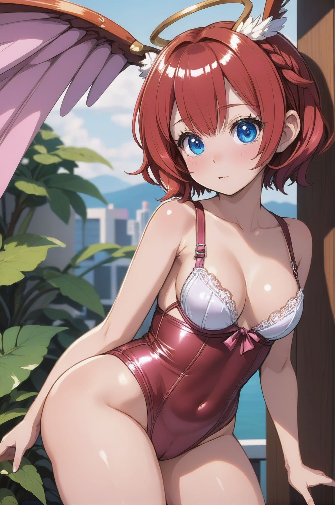 anime background, quizzical 1girl, woman, (expressive Drugcore:1.3) cute angel, lingerie, [:outlandish costume design,:0.2], bombshell hair, iridescent deep color:crimson hair, Peekaboo Color, thick thighs, narrow waist, korean, candy shop in a art museum in a techno-pessimist fantasy hillside arcology outside of reality, masterpiece<lora:EnvyBetterHiresFixXL01:0@0,0@.49,1@.499:hr=1><lora:EnvyDynamicPortraitXL01:1><lora:EnvyLineArtSliderXL01:-1>
