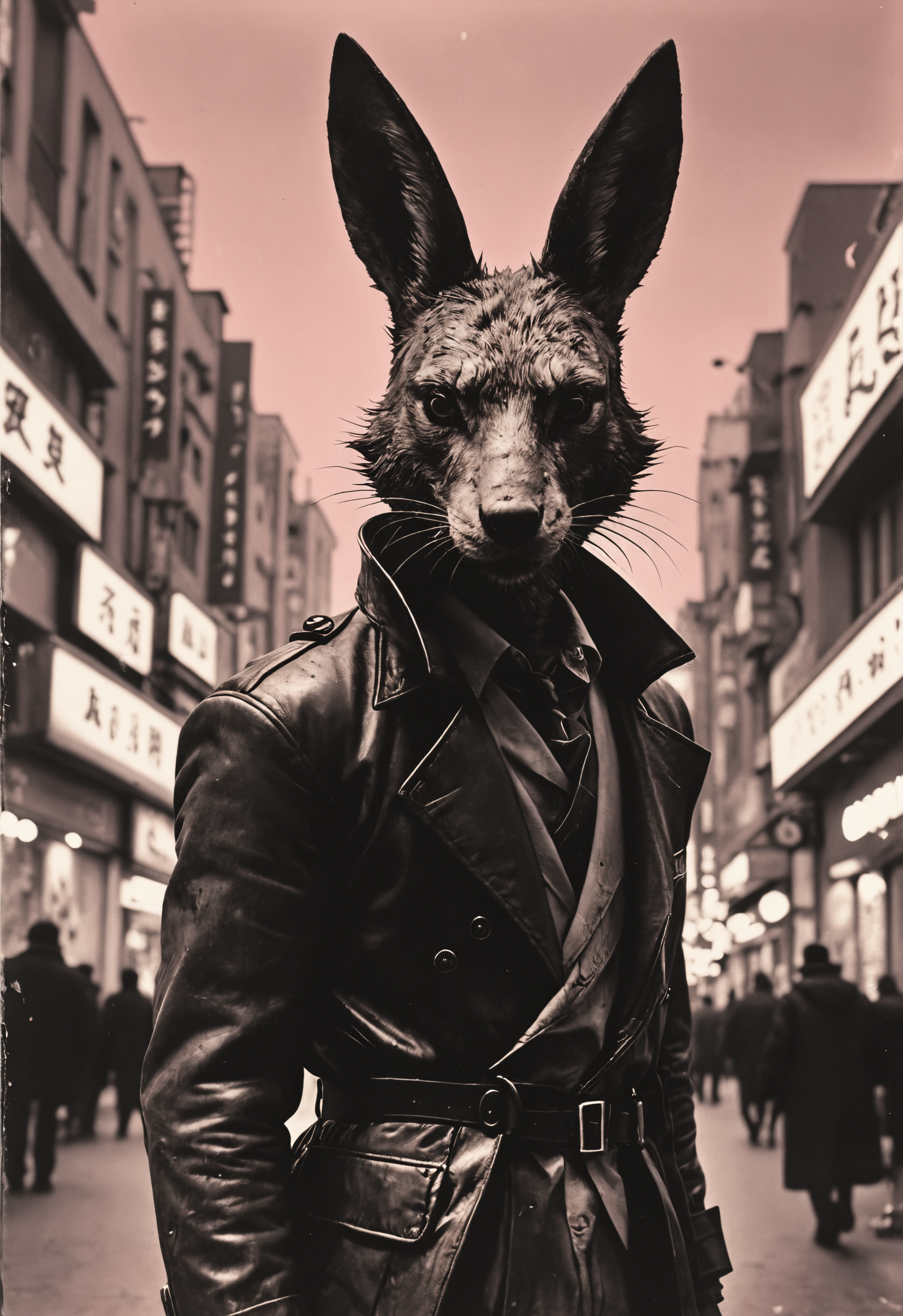 wolf hare man, daido moriyama, Shigeo Fukuda, pink background, b&w, Enki Bilal, Crimson Sci-Fi Mystique, <lora:add-detail-xl:1>, <lora:Vintage_Street_Photo:0.5>