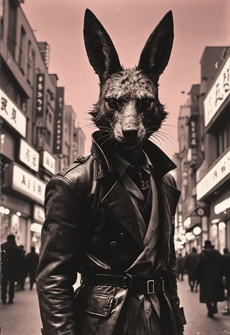 wolf hare man, daido moriyama, Shigeo Fukuda, pink background, b&w, Enki Bilal, Crimson Sci-Fi Mystique, <lora:add-detail-xl:1>, <lora:Vintage_Street_Photo:0.5>
