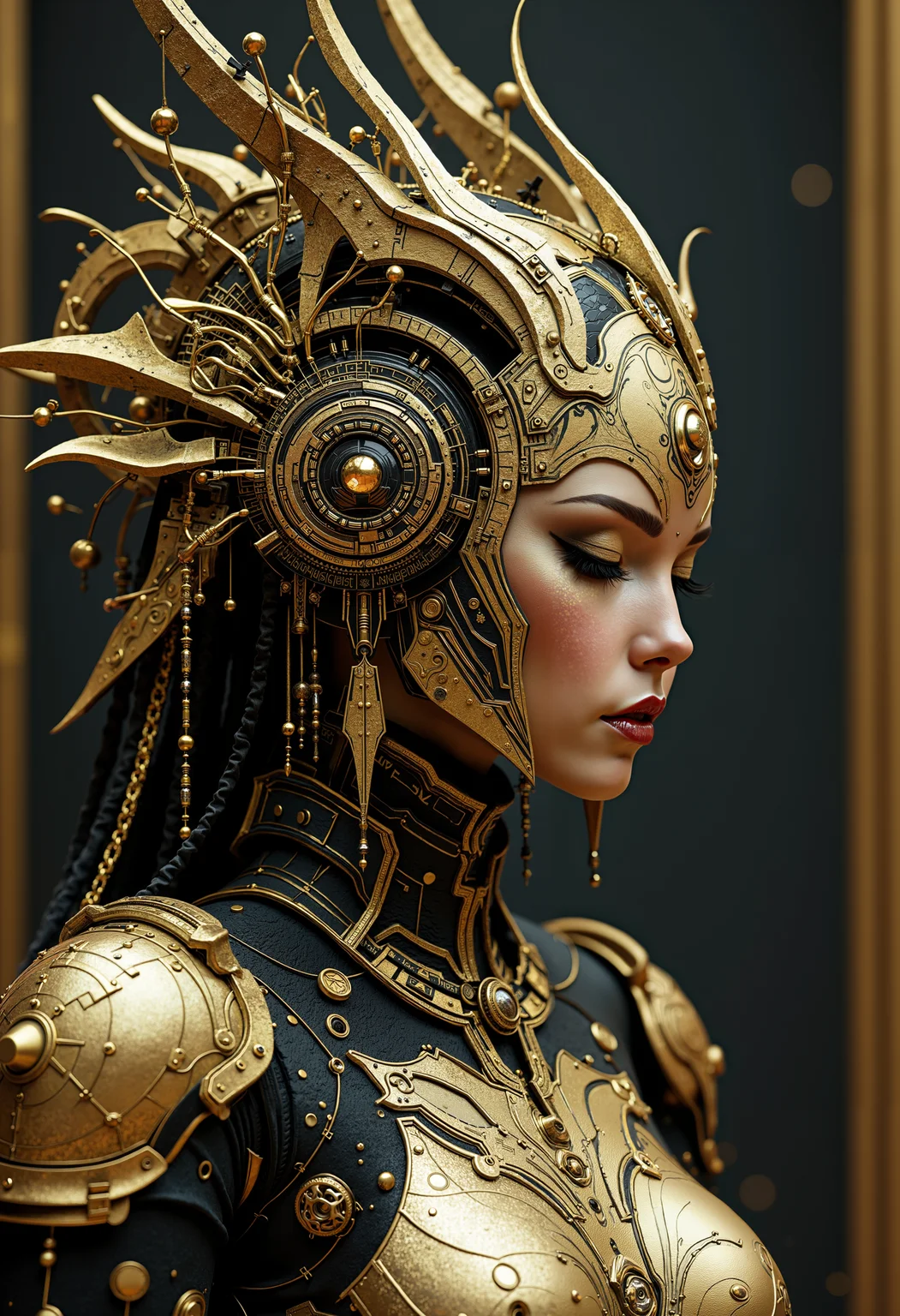 bo-golden, a futuristic female character with intricate, ornate headdress made of metallic and organic materials, featuring glowing elements<lora:boFLUX Golden Noir Abyss.safetensors:1.0:1.0>