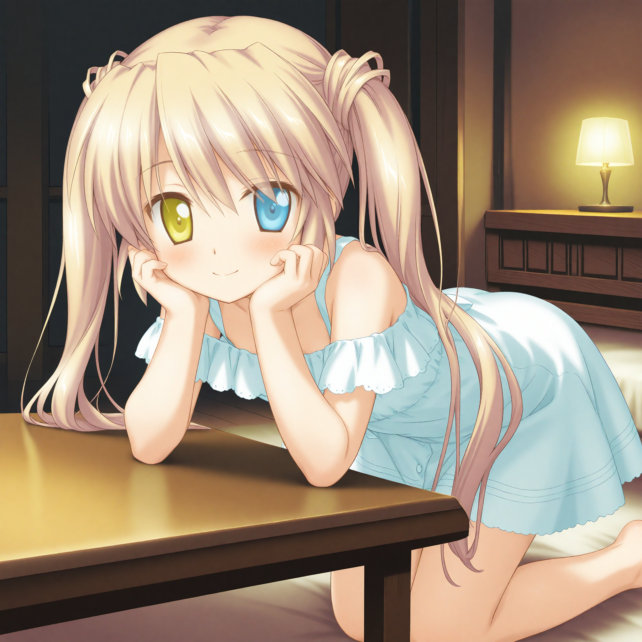 <lora:favorite_art_3_nai_Loha-000106:1.75>,favorite art,
<lora:Nakatsu_Shizuru_1_nai:0.6>,Nakatsu Shizuru,twintails,
white dress,sundress,off-shoulder dress,bare shoulders,bare legs,
1girl,solo,front view,looking at viewer,head rest,table,indoors,leaning forward,hands on own face,smile,kneeling,bedroom,arms on table,arm support,