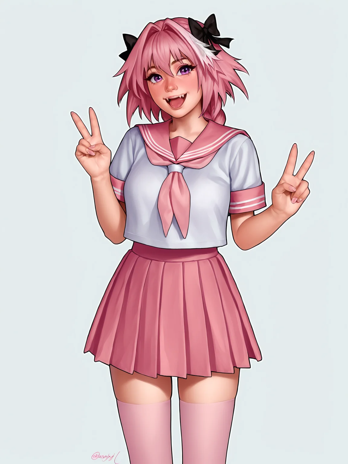 score_9, score_8_up, score_7_up, score_6_up, score_5_up, score_4_up, rating_safe
BREAK
astolfo \(fate\), otoko no ko, pink hair, braid,
BREAK
solo, standing, pink serafuku, white shirt, pink thighhighs, pink skirt, peace sign,
BREAK
white background, <lora:Lunas-OthalaM-SDXL-A1:1>