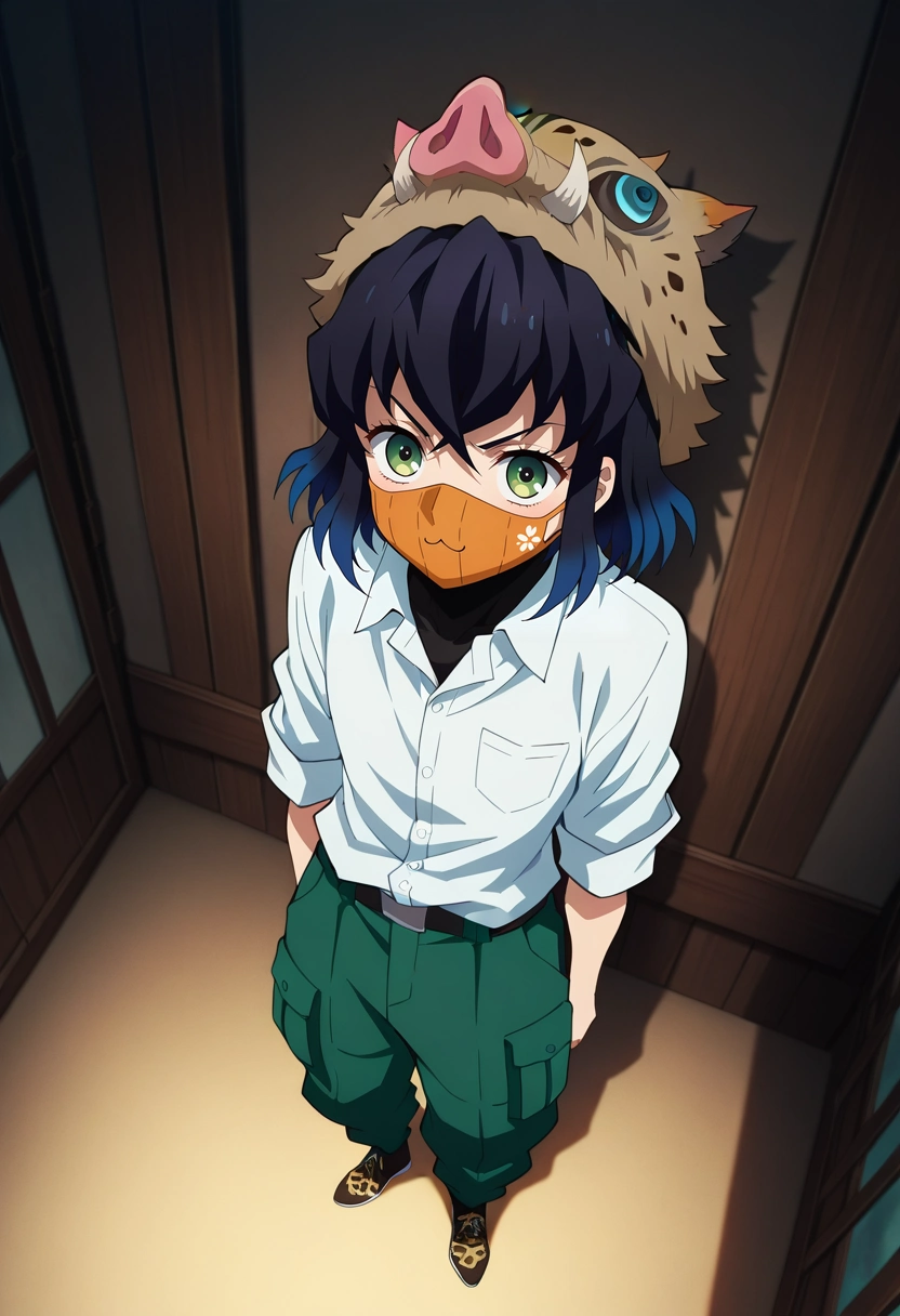masterpiece, best quality, , anime screencap, anime coloring, official style, , 1boy, solo, male focus, <lora:inosuke_hashibira_ilxl:1>, inosuke_hashibira, black hair, green eyes, blue hair, multicolored hair, bangs, short hair, hair between eyes, gradient hair, two-tone hair, boar mask, from above, great wall of china, indoors, light, leaning back, :\3, Canvas Mauve Leopard print Slim-fit cargo pants, Dress shirt, Wingtip shoes, Balaclava, Samurai Face Mask and