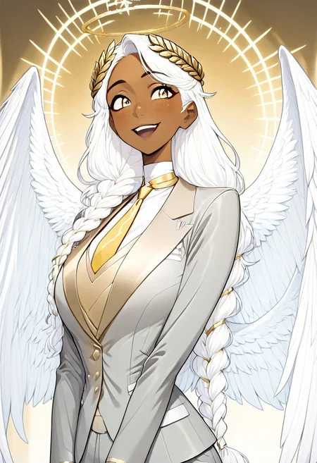 masterpiece, best quality, newest, absurdres, highres, FCOMV1.0, GABV2.0, 1girl, dark skin, dark-skinned female, grey suit, official attire, official clothes, nectie, yellow necktie, white hair, long hair, braid, single braid, angel, angel girl, halo, wings, angel wings, golden eyes, laurel crown, freckles,