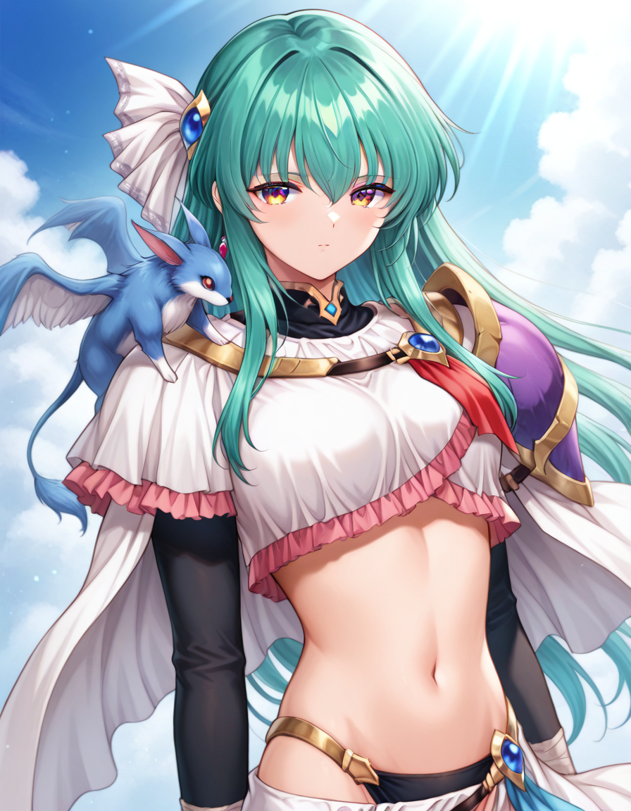 score_9, score_8_up, score_7_up, anime, game cg, solo, 1girl, one girl, 
<lora:Nalzgis:0.8>, Nalzgis, long hair, green hair, yellow eyes, expressionless,
jewelry, hair ornament, crop top, shoulder armor,
animal on shoulder, red eyes, wings,
sensitive, fantasy, 
dynamic angle, dynamic pose, 
(masterpiece:1.3), best quality, high resolution, unity 8k wallpaper, extremely detailed CG, 8K,