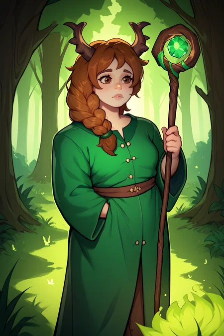 score_9, score_8_up, score_7_up, BREAK 1girl, solo <lora:NSMarnieStardew:1> NSMarnieStardew, single braid, brown eyes, brown hair, dear horns, green robe, staff, forest, green glow