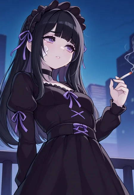 masterpiece, original, best quality, newest, HDR, very awa, absurdres, hires, 1girl, maid, tears, night, city, against railing, black hair, purple eyes, holding cigarette, tobacco, black choker, maid headdress, long hair, purple ribbon, bandaid, bangs, soda can, straw, smoke trail, small breasts, depth of field, gothic_lolita, kawaii, blurry background, front view, from below, looking away, FM-Illu