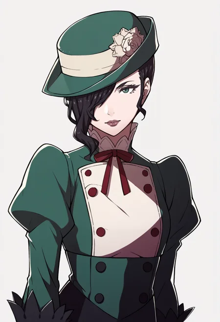 score_9, score_8_up, score_7_up, source_anime BREAK 1girl, solo,
<lora:zs_FatesPortraitsXL:1> fatesportraits, portraits, white background
<lora:zs_MayoneXL:1> mayonesh, hat, black hair, medium hair, hair over one eye, makeup, lipstick, green dress, puffy sleeves, black gloves,