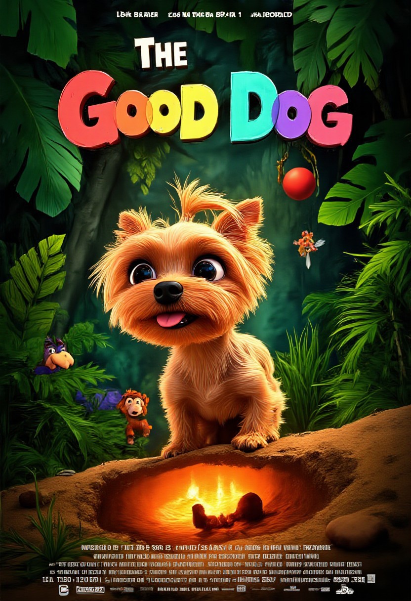 The image shows a vibrant, animated movie poster inspired by the whimsical style of a Pixar film, with a charming Yorkshire Terrier named Allab taking center stage. Allab, with her soft, golden fur and twinkling, expressive eyes, is depicted in a playful stance, ready to strike a pose. Instead of barking, she's wearing a mischievous grin, with her tiny, pink tongue peeking out. Behind her, a lush, verdant jungle unfurls, teeming with life - colorful birds, curious monkeys, and even a friendly, winking frog peeking from behind a giant leaf. The title, "The Good Dog," is written in bold, playful letters, reminiscent of Pixar's iconic typography, arching over Allab like a rainbow, with each letter subtly animated, as if wagging with life. Below, a warm, inviting glow emanates from a cozy, earthen burrow, hinting at the heartwarming adventures and lessons Allab, our unlikely hero, is about to embark on.