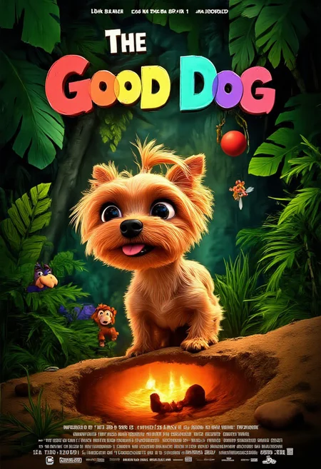The image shows a vibrant, animated movie poster inspired by the whimsical style of a Pixar film, with a charming Yorkshire Terrier named Allab taking center stage. Allab, with her soft, golden fur and twinkling, expressive eyes, is depicted in a playful stance, ready to strike a pose. Instead of barking, she's wearing a mischievous grin, with her tiny, pink tongue peeking out. Behind her, a lush, verdant jungle unfurls, teeming with life - colorful birds, curious monkeys, and even a friendly, winking frog peeking from behind a giant leaf. The title, "The Good Dog," is written in bold, playful letters, reminiscent of Pixar's iconic typography, arching over Allab like a rainbow, with each letter subtly animated, as if wagging with life. Below, a warm, inviting glow emanates from a cozy, earthen burrow, hinting at the heartwarming adventures and lessons Allab, our unlikely hero, is about to embark on.