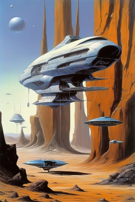 <lora:Angus McKie Style:1>Angus McKie Style - Art by Jim Burns - A futuristic spacecraft situated in a barren landscape, with a color palette of cool, icy colors, using bold techniques to create a sense of power.