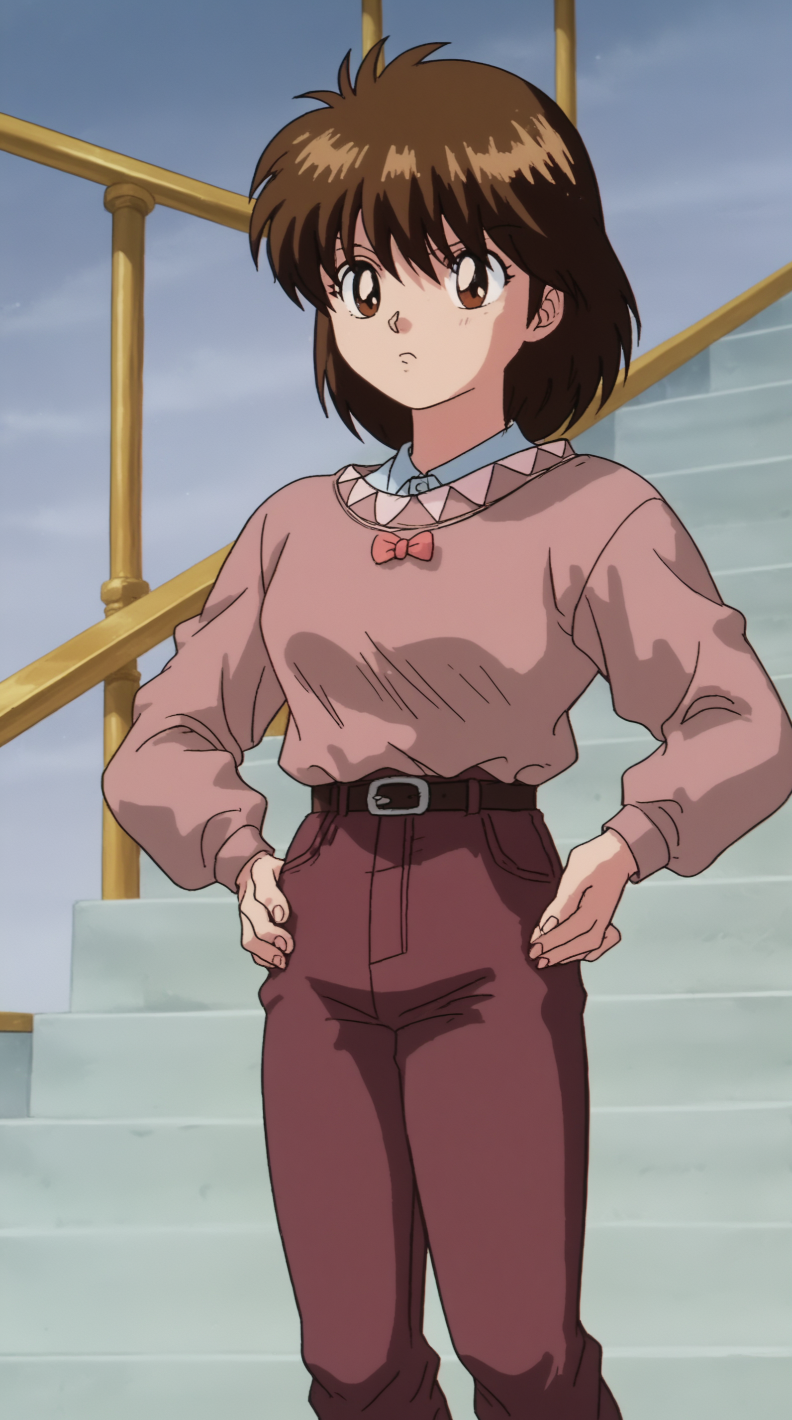 score_9, score_8_up, score_7_up,anime_source, source_anime, best background, detailed background, anime screencap, 4k, upscale,  Keiko Yukimura, Main Outfit, solo, standing, stairs, hands on hips,  <lora:JN_Keiko_Yukimura_Pony:0.8>
