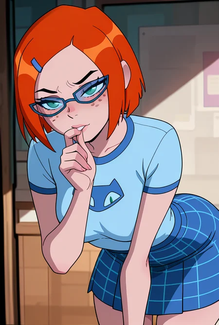 <lora:gwennerd-10:1> gwennerd, 1girl, solo, medium breasts, glasses, orange hair, short hair, hairclip, blue-framed eyewear, blue shirt, short sleeves, freckles, blue skirt, plaid skirt, green eyes, leaning forward, biting finger,, masterpiece, best quality, amazing quality, very aesthetic, absurdres, newest,